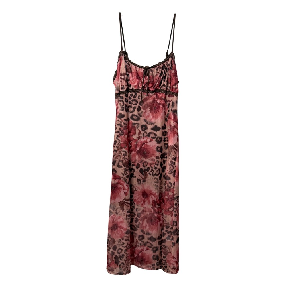 Vibe Babydoll Maxi Dress Womens Plus Size 2X Brown Pink Floral Cheetah Y2K Sheer